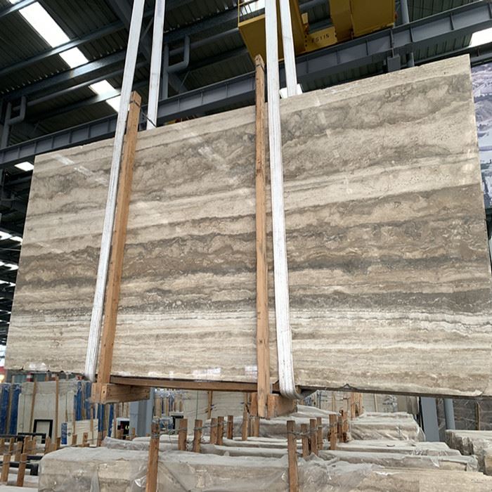 Marmor Llwyd Naturiol Arian Llwyd Travertine Slab Mawr Torri I Maint Teils